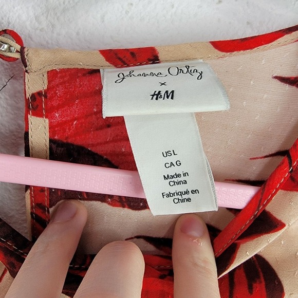 H&M Johanna Ortiz Dress Red Beige Floral Leaves Print Ruffles Short Sz L Open - Picture 5 of 8